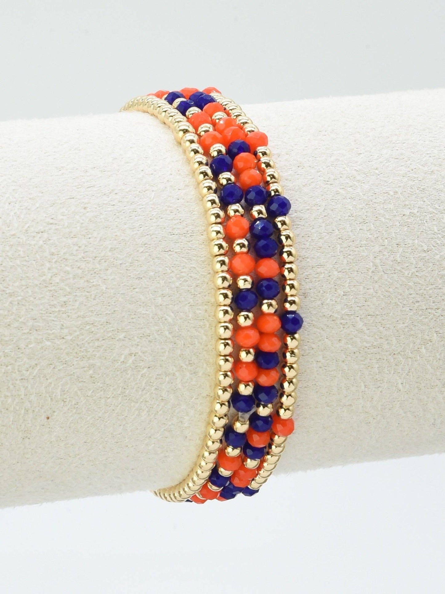 Set of 4 Orange and Navy Glass Bead and Gold Stretch Bracelets