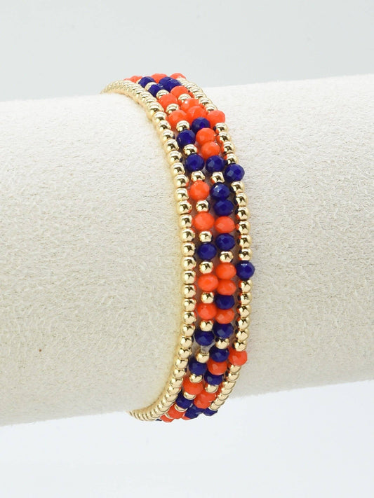 Set of 4 Orange and Navy Glass Bead and Gold Stretch Bracelets
