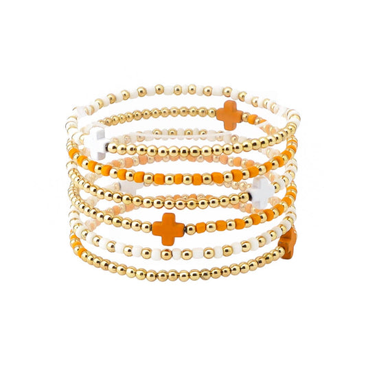 Set of 6 Orange and White Beaded Stretch Bracelets