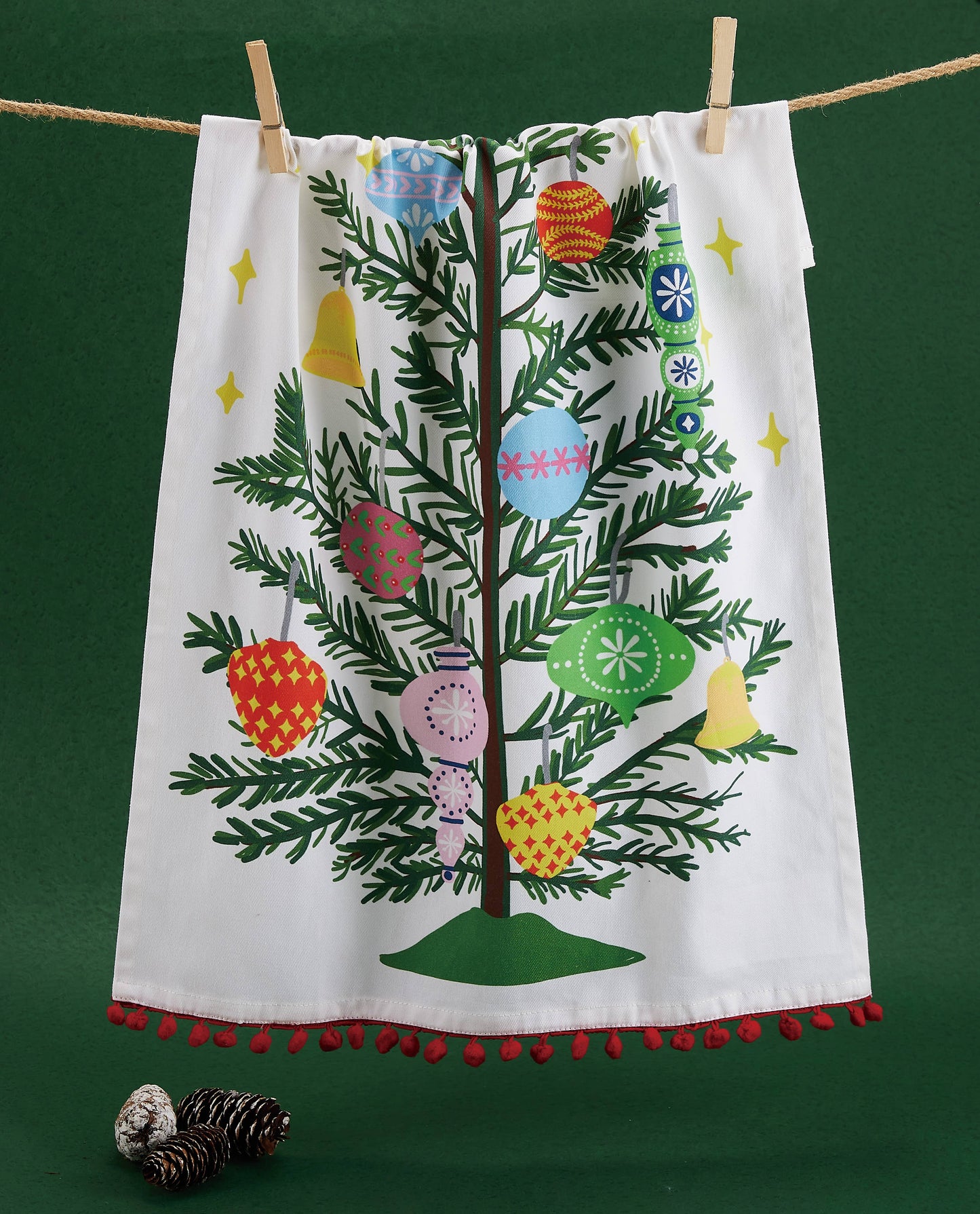 Vintage Xmas Tree W/Pom Pom  Printed Towel