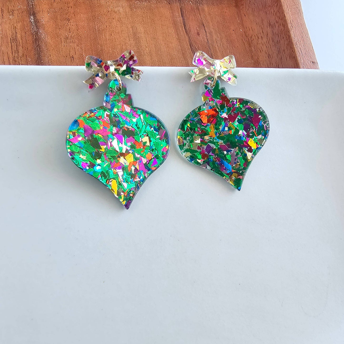 Christmas Ornament Earrings-green sparkle