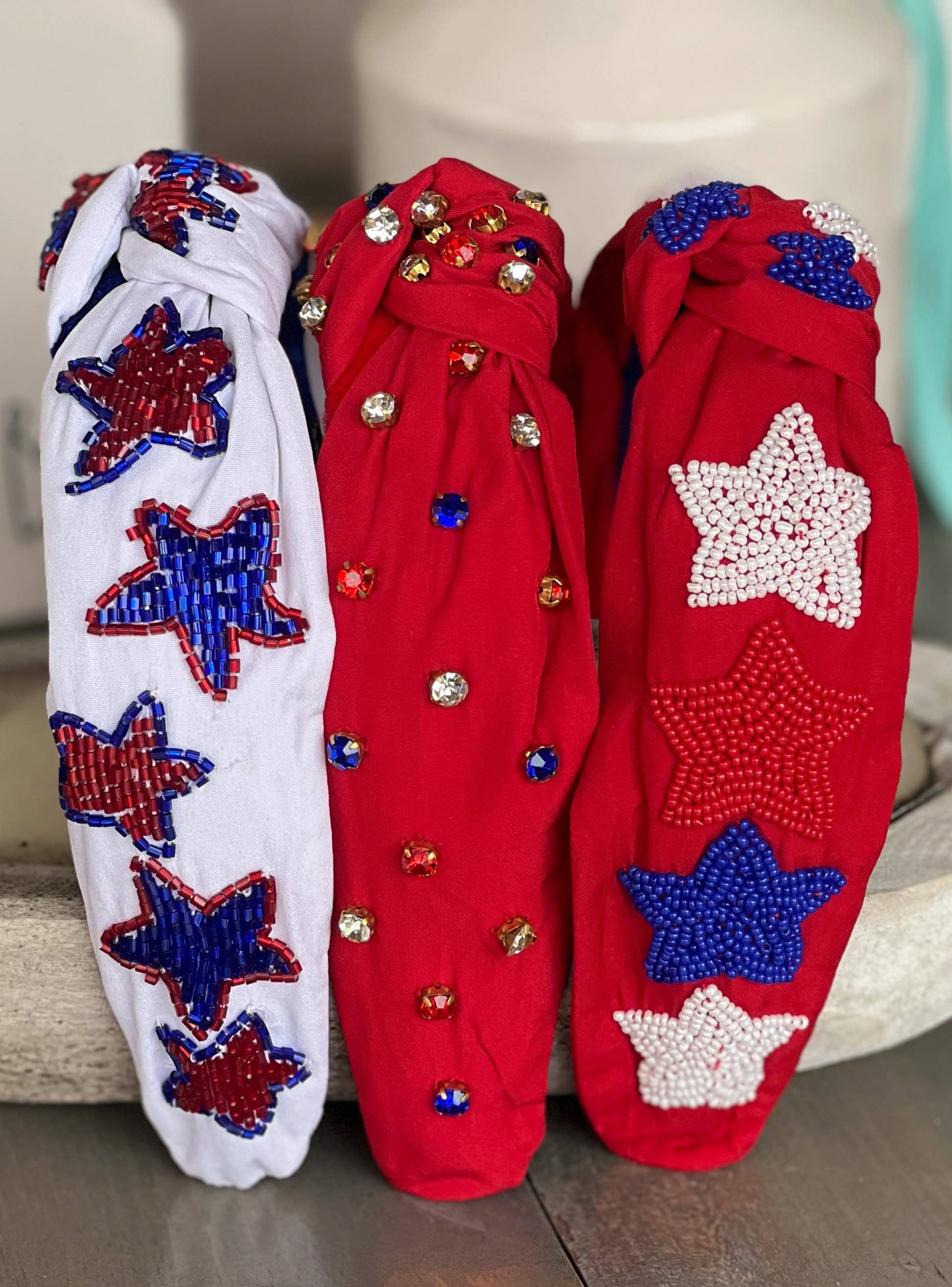 Patriotic Stars Red Seed Bead Front Knot Headband