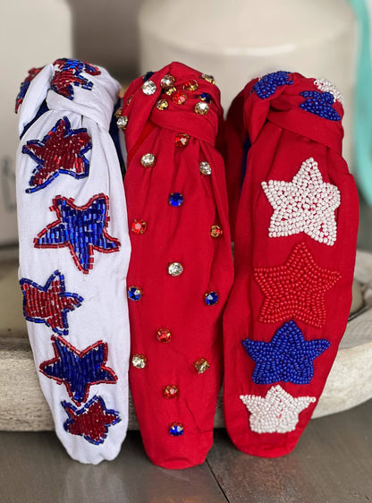 Patriotic Stars Red Seed Bead Front Knot Headband