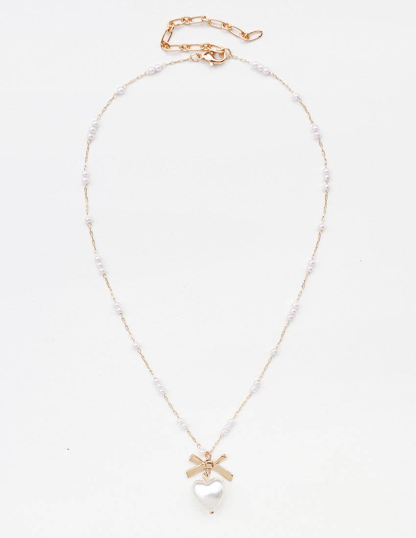 Pearl Beaded Chain with Bow and Pearl Heart 16"-18" Necklace