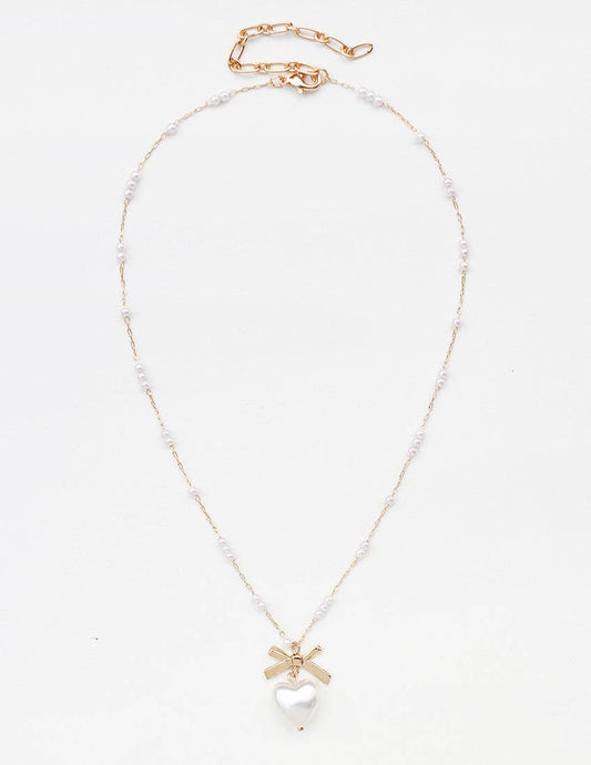 Pearl Beaded Chain with Bow and Pearl Heart 16"-18" Necklace