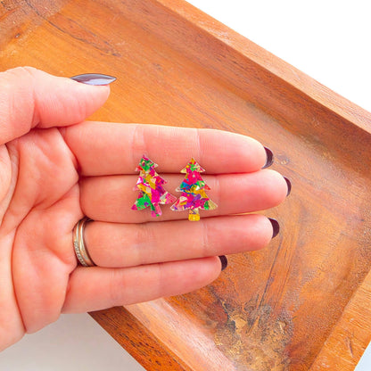 Christmas Tree Studs - Pink Tinsel