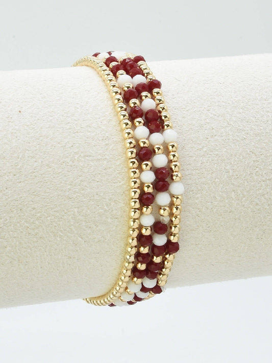 Set of 4 Maroon and White Glass Bead and Gold Stretch Bracelets