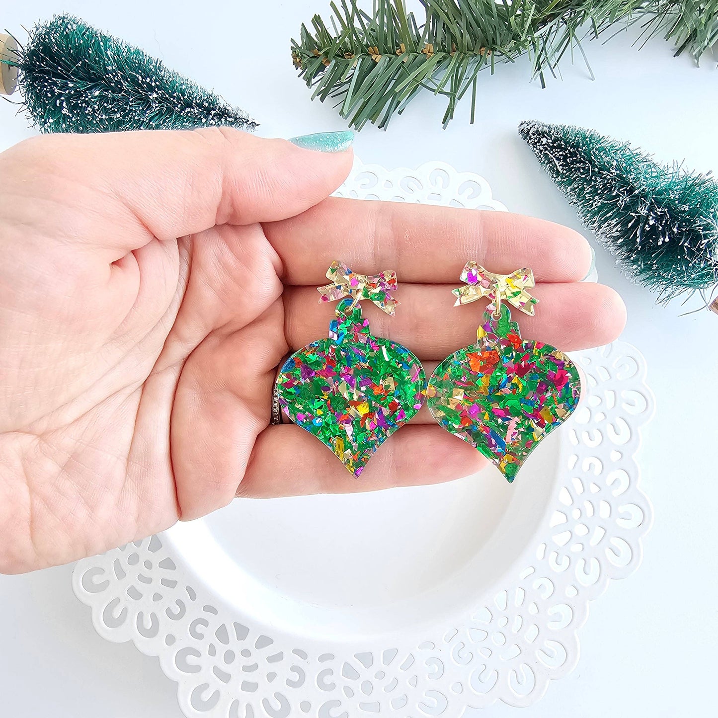 Christmas Ornament Earrings-green sparkle