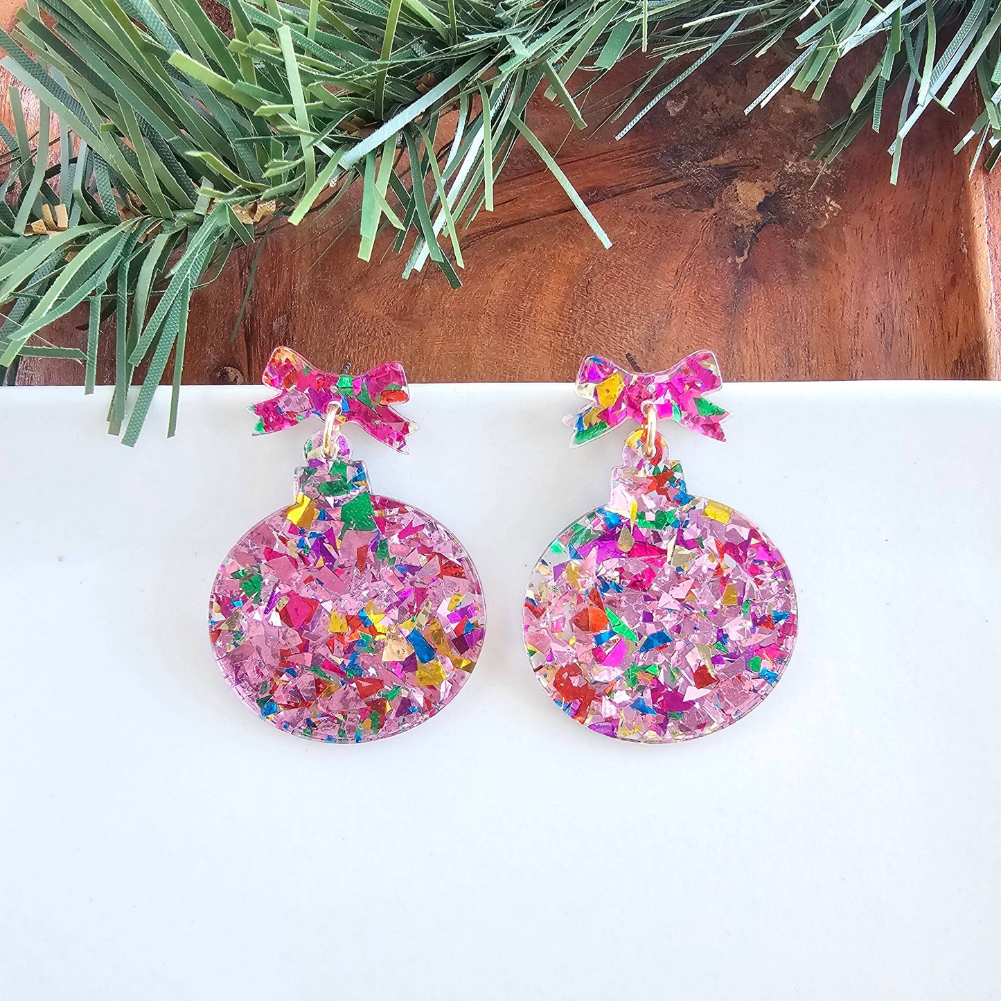 Christmas Ornament Earrings - Light Pink Sparkle