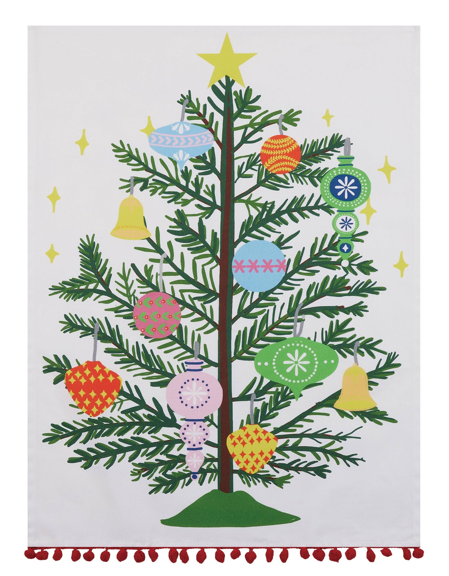 Vintage Xmas Tree W/Pom Pom  Printed Towel