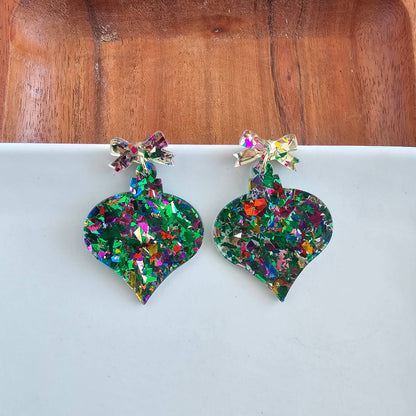 Christmas Ornament Earrings-green sparkle