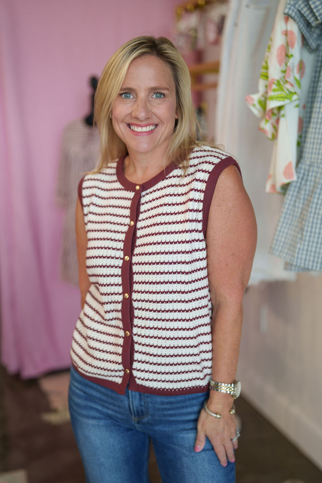 Maroon Stripe Knit Button Down Top