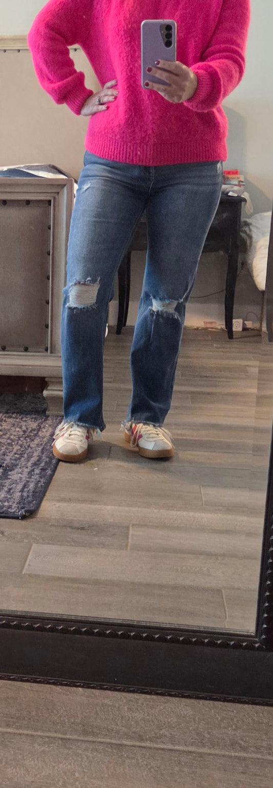 High Rise Straight Distressed Jeans